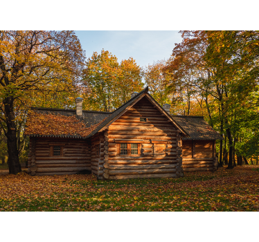 Tapisserie murale paysage cabane en rondins d'automne - TenStickers