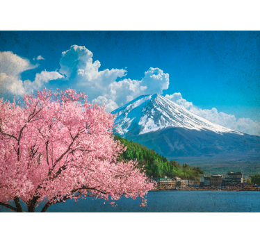Tapisserie murale paysage montagnes et cerisiers - TenStickers