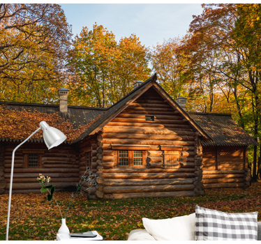 Tapisserie murale paysage cabane en rondins d'automne - TenStickers