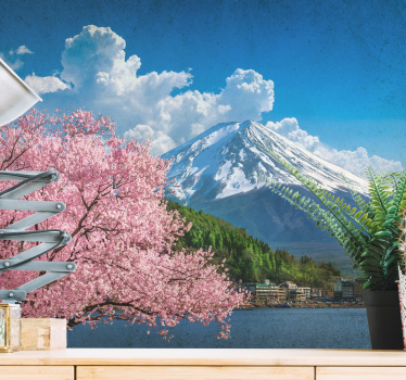 Tapisserie murale paysage montagnes et cerisiers - TenStickers
