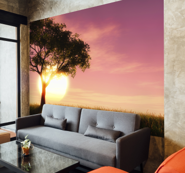 Tapisserie murale paysage savane, coucher soleil, silhouette - TenStickers