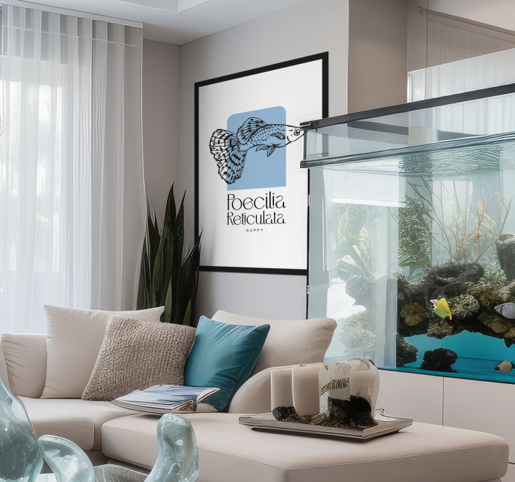 Poster blanc et bleu poisson Guppy - TenStickers