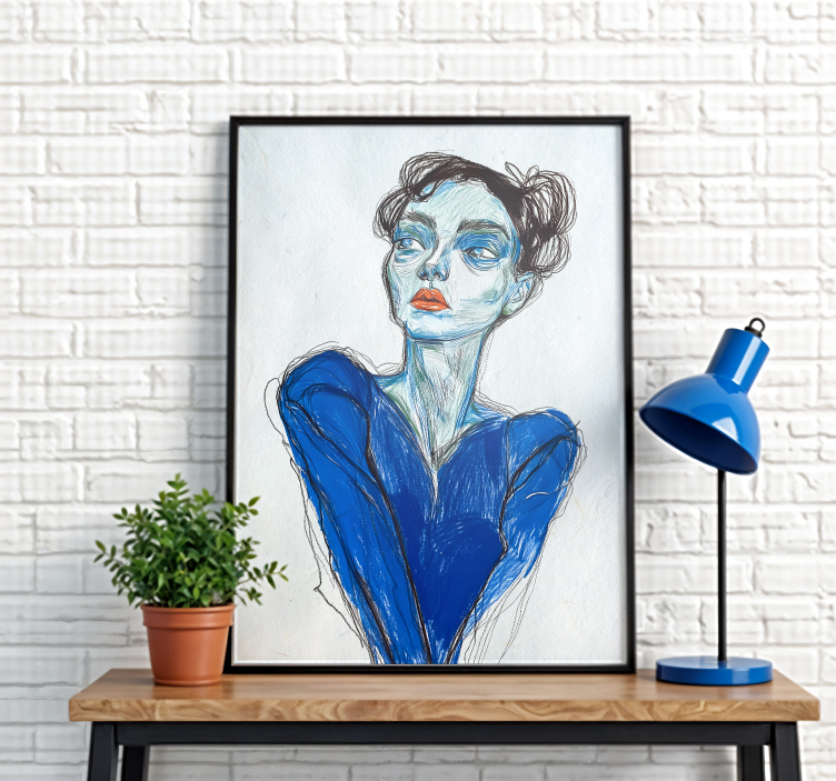 Poster dessin artistique dame en bleu personnalisé - TenStickers