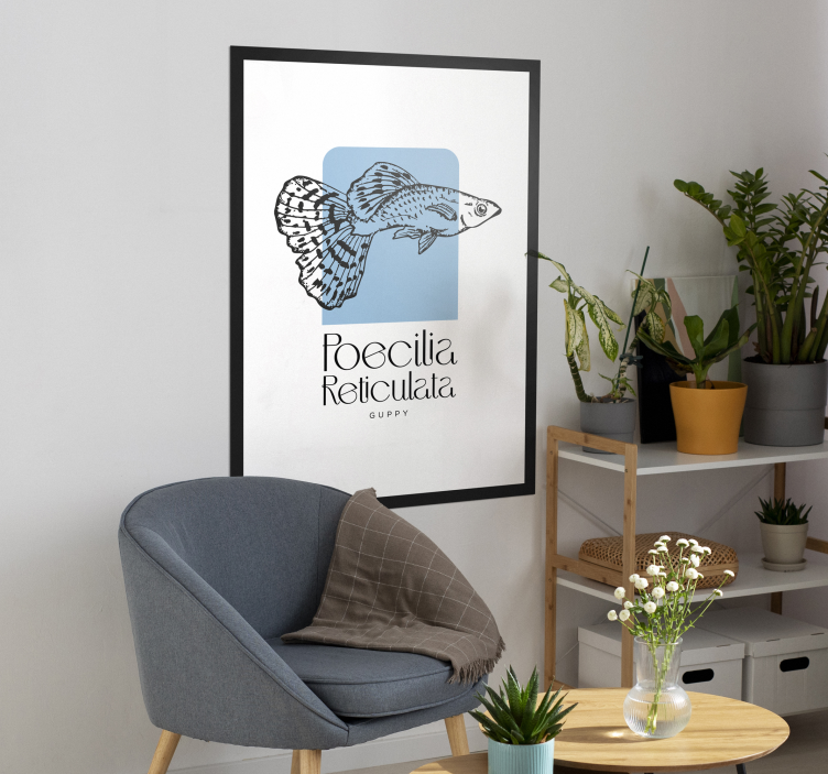 Poster blanc et bleu poisson Guppy - TenStickers