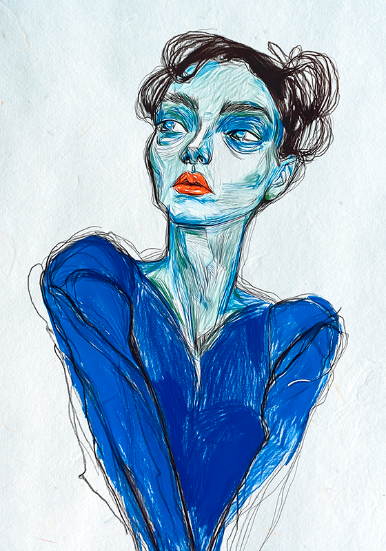 Poster dessin artistique dame en bleu personnalisé - TenStickers