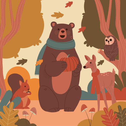 Poster chambre enfant animaux heureux en forêt d'automne - TenStickers
