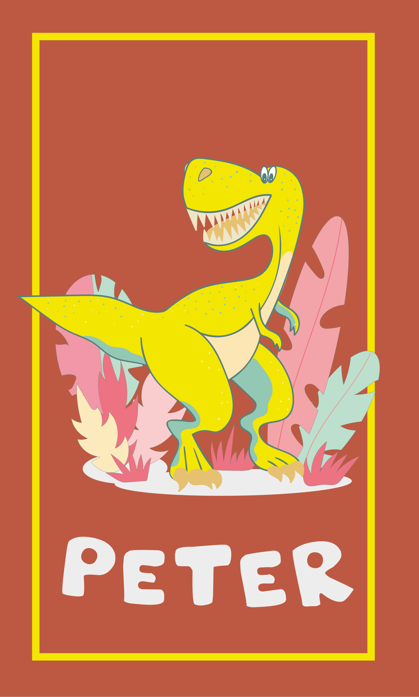 Poster chambre enfant dino jaune avec plantes - TenStickers
