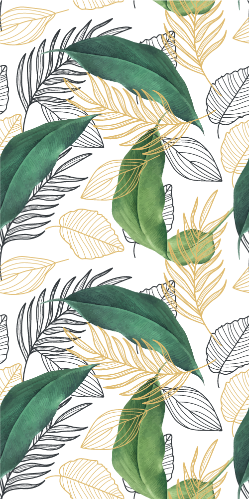 Poster plantes feuilles vertes et dorées avec dessins - TenStickers