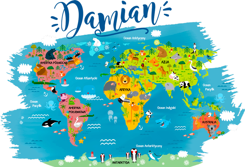 Poster carte du monde animal avec nom polonaise - TenStickers