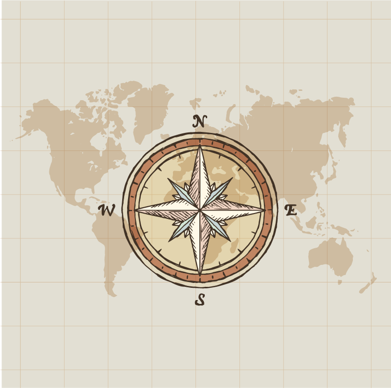 Poster carte du monde cartographie vintage et boussole - TenStickers