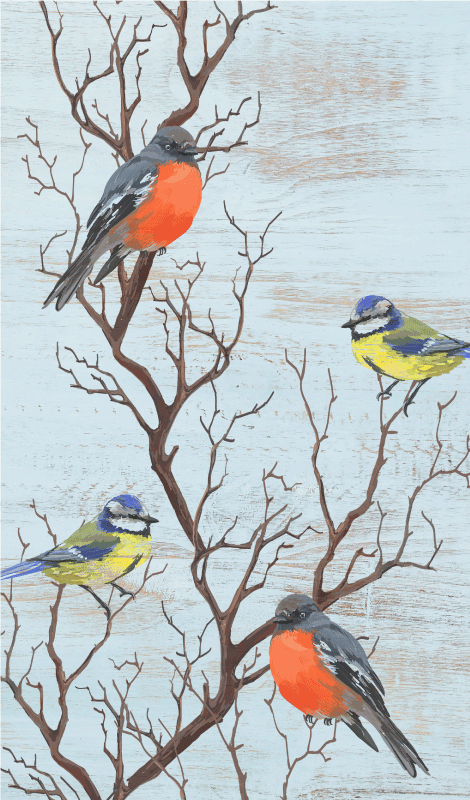 Poster vintage arbres bleus vintage avec oiseaux - TenStickers
