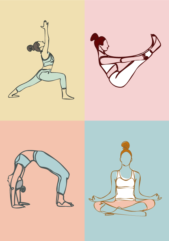 Poster sport quatres poses de Yoga coloré - TenStickers