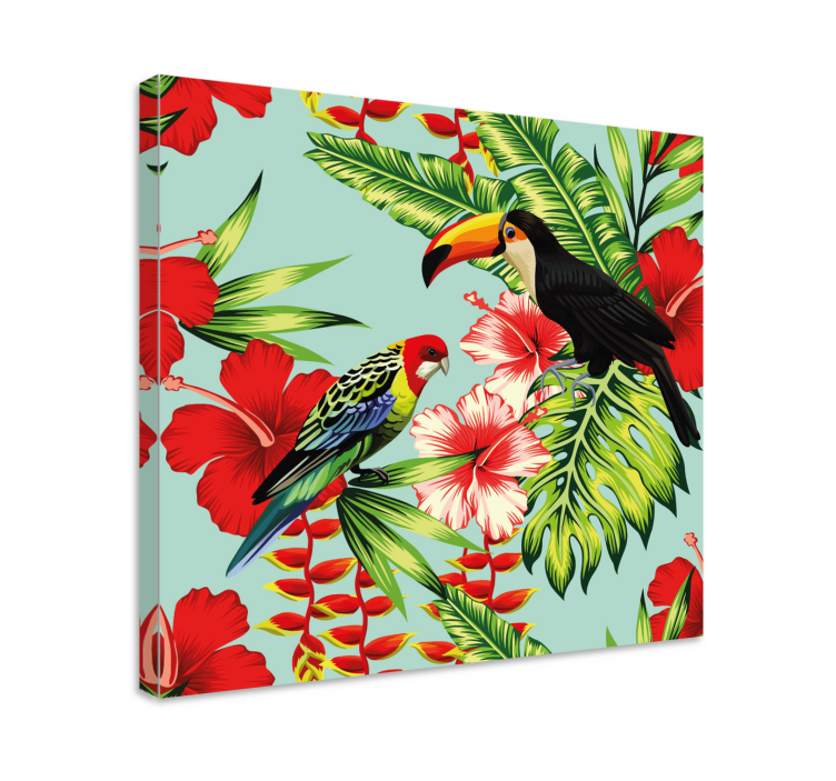 Tableau oiseaux Fleurs rouges tropicales - TenStickers