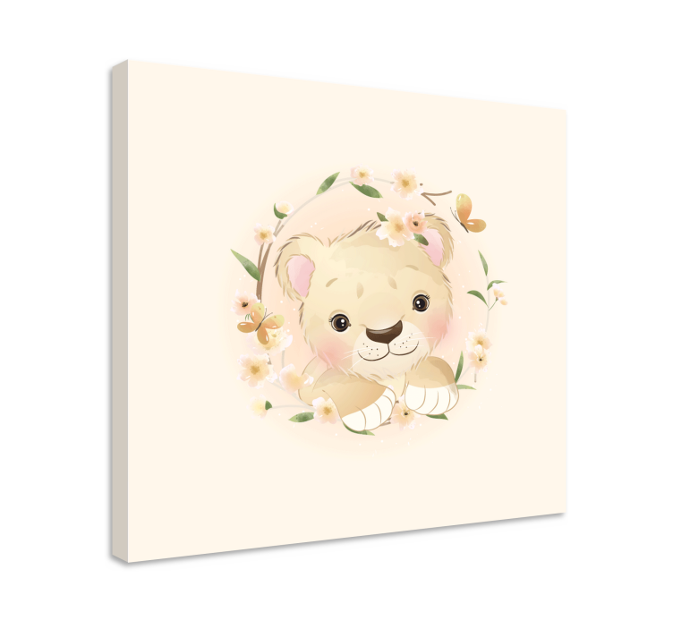 Tableau animaux lionceau dans une couronne de fleurs - TenStickers