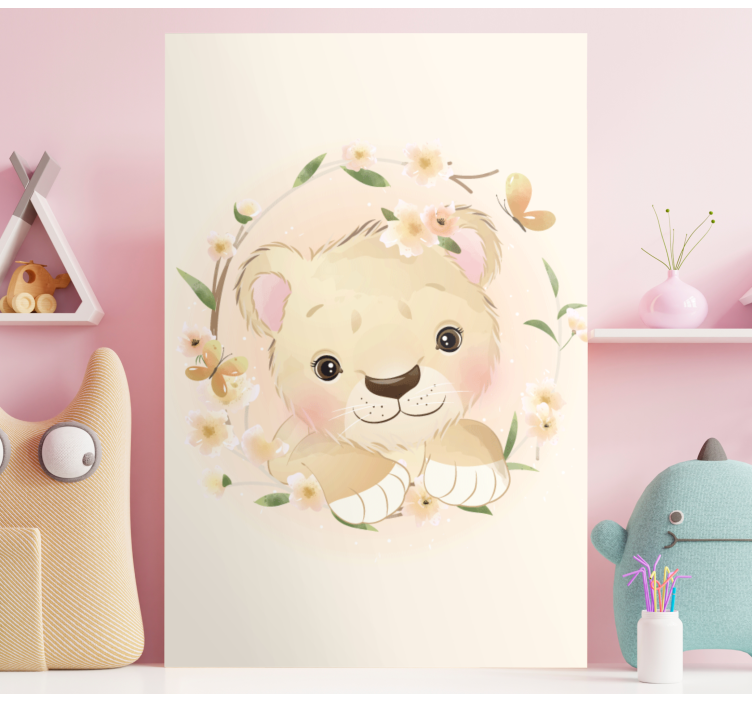 Tableau animaux lionceau dans une couronne de fleurs - TenStickers