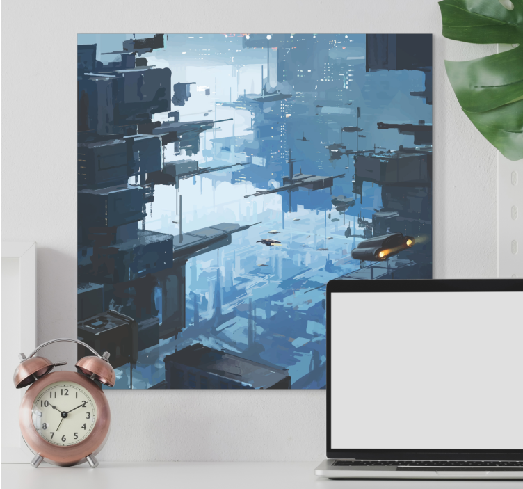 Tableau Ville futuriste avec des vaisseaux spatiaux - TenStickers