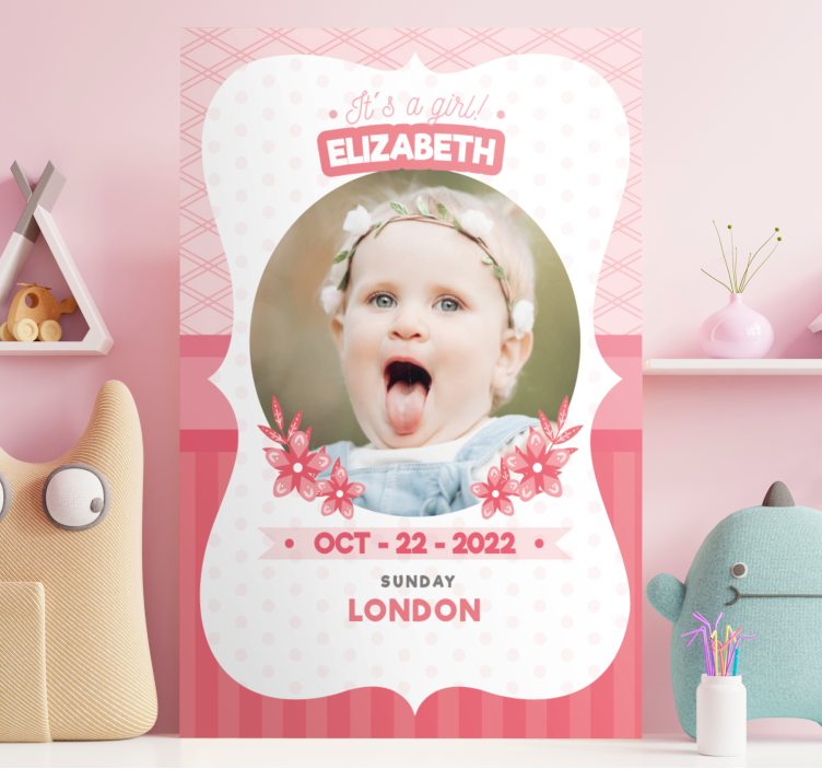 Tableau bébé faire-part rose personnalisé - TenStickers
