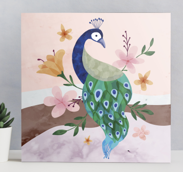 Tableau avec plume Paon avec des fleurs - TenStickers