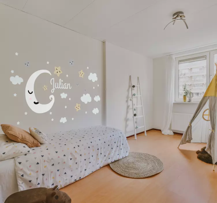 Sticker chambre bébé étoiles et lune avec prénom - TenStickers