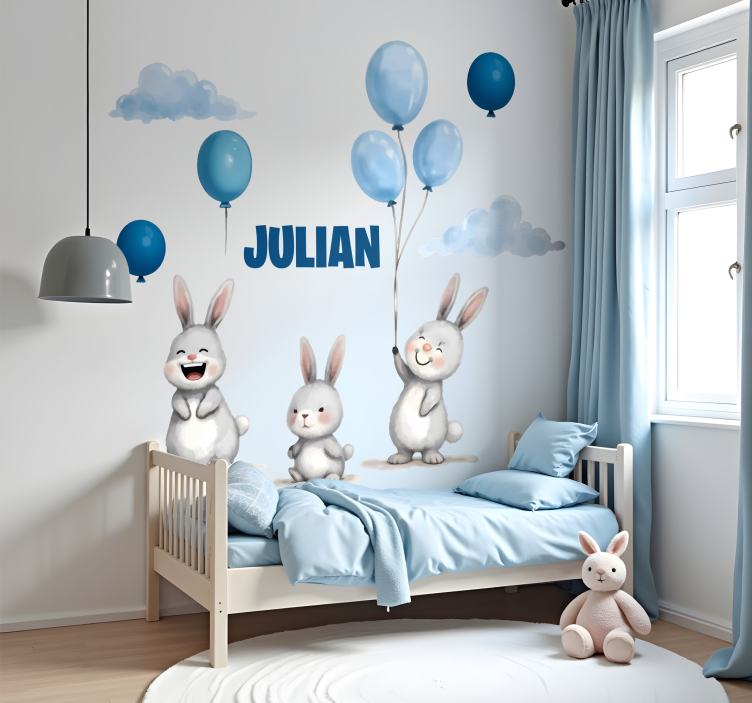 Sticker mural ballons bleus avec des lapins - TenStickers