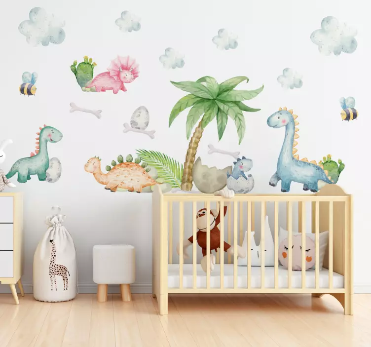 Sticker mural enfant motif dinosaures aquarelle - TenStickers