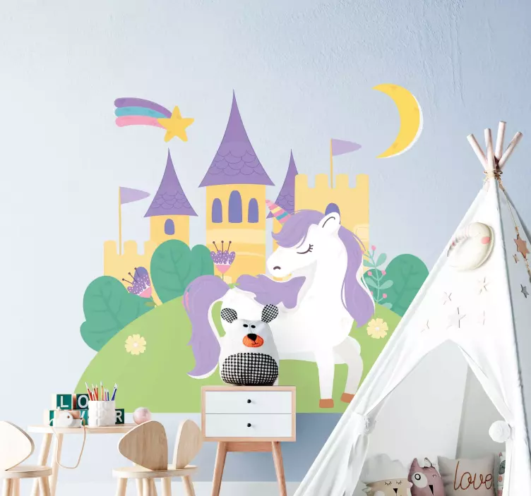Sticker enfant château de licorne fantastique - TenStickers