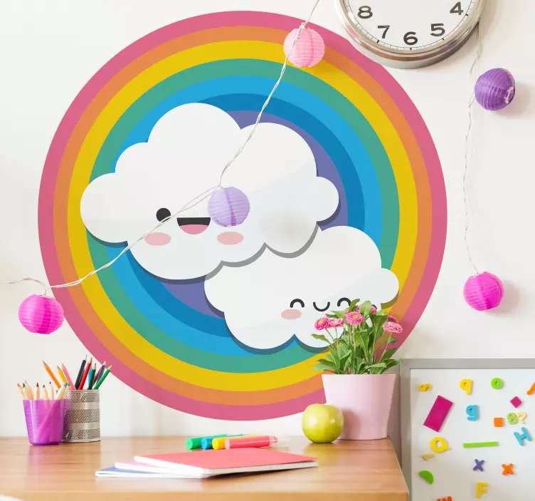Sticker enfant nuages joyeux arc-en-ciel - TenStickers