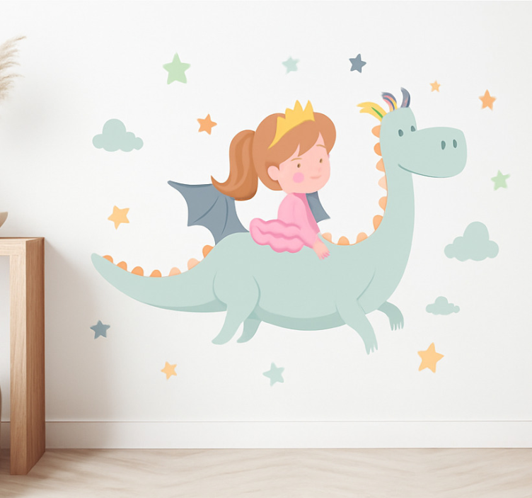 Sticker enfant princesse sur un dragon - TenStickers
