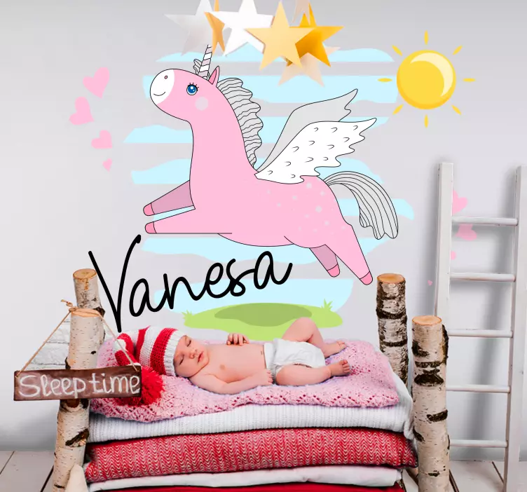 Sticker Prénom Licorne rose aux cheveux gris - TenStickers