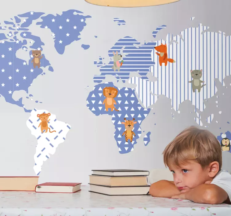 Sticker mappemonde carte illustrée des animaux - TenStickers