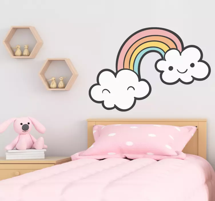 Sticker enfant nuages arc-en-ciel sourire - TenStickers