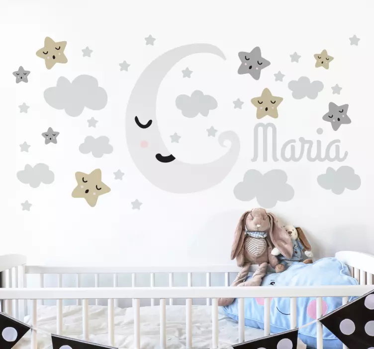 Sticker chambre bébé étoiles et lune avec prénom - TenStickers