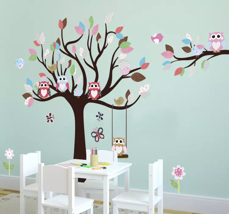 Sticker arbre hiboux et feuilles colorées - TenStickers