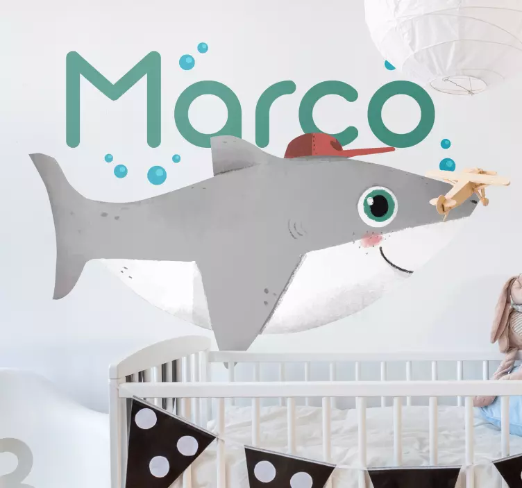 Sticker Chambre Enfant Bébé requin avec nom - TenStickers
