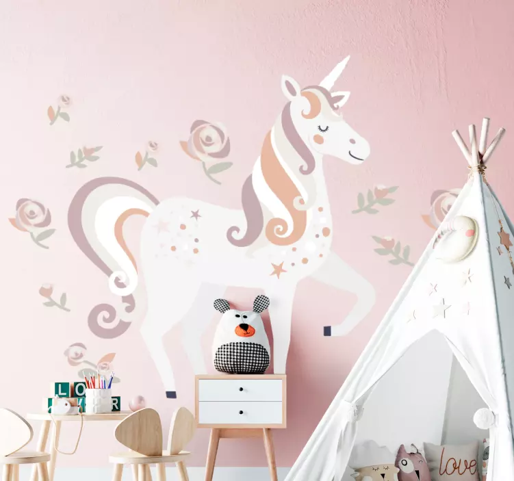 Sticker grande licorne rose avec des fleurs - TenStickers