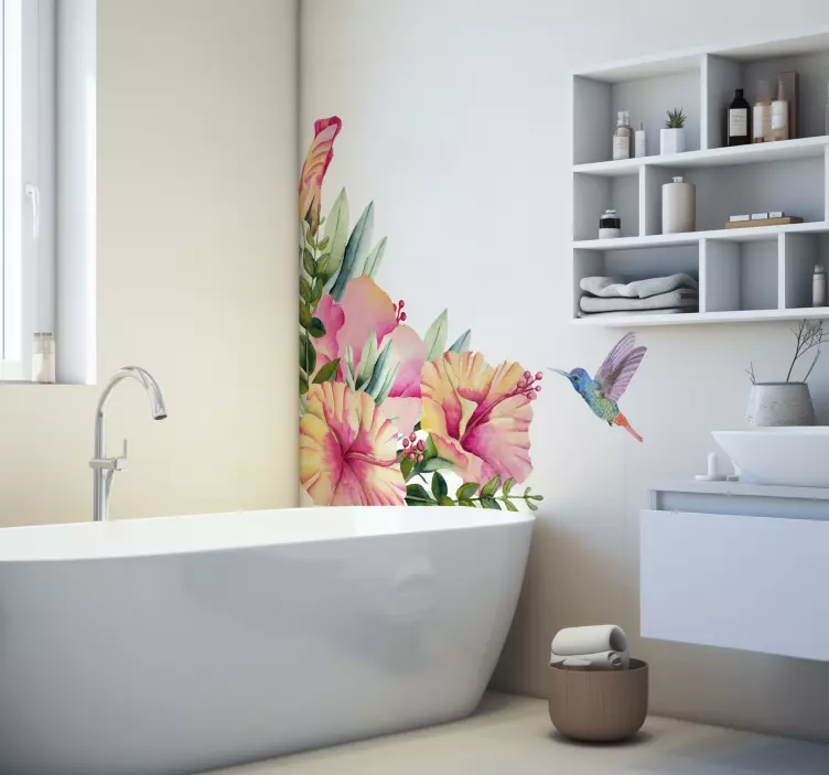 Sticker salle de bain hibiscus et colibri - TenStickers