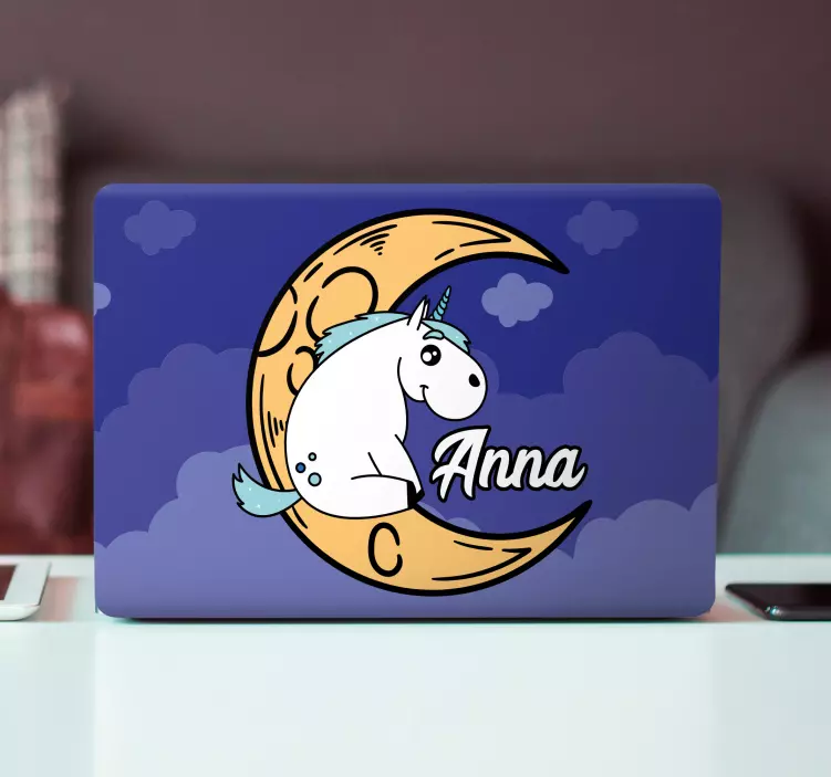 Sticker pour ordinateur lune licorne avec nom - TenStickers