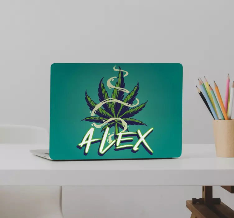 Sticker pour ordinateur feuille de marijuana avec nom - TenStickers