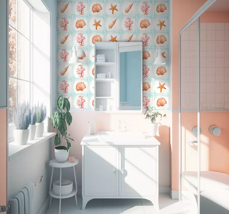 Sticker salle de bain carrelage coquillages orange et bleu - TenStickers