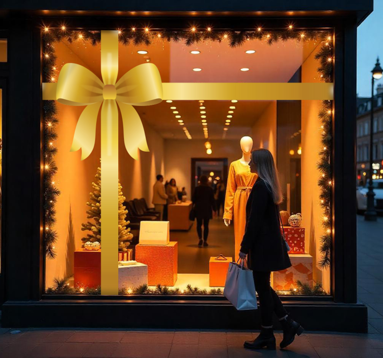 Sticker vitrine noeud cadeau doré - TenStickers