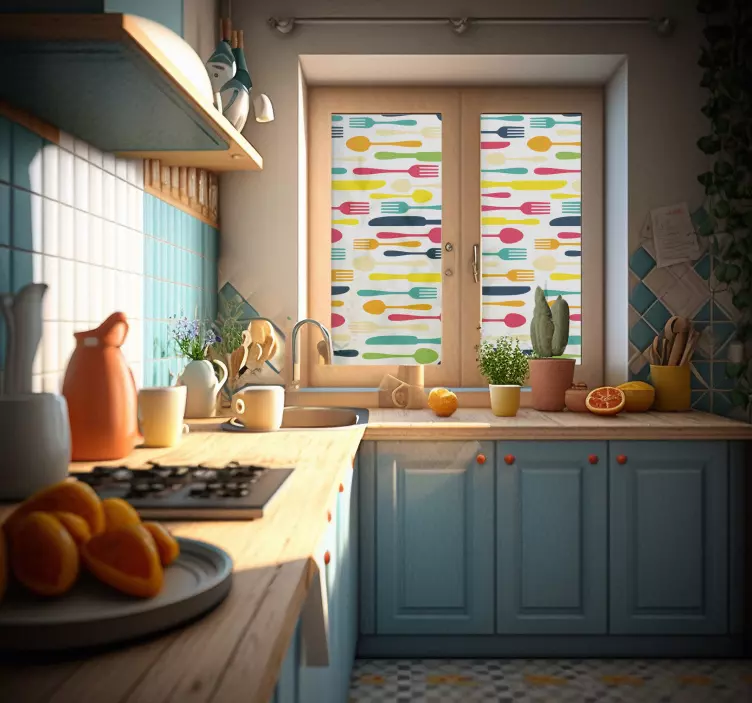Sticker fenêtre cuisine motif couverts colorés - TenStickers