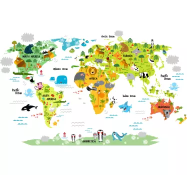 Sticker carte du monde enfant avec animaux - TenStickers