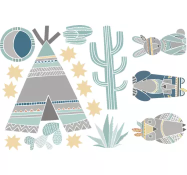 Sticker Maison Tipi et Animaux Indiens - TenStickers