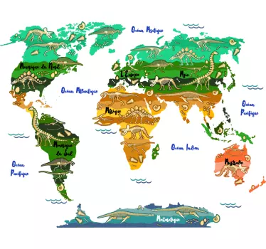 Sticker carte du monde dinosaures et océans - TenStickers