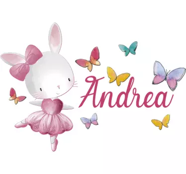 Sticker lapin dansant papillon avec prénom - TenStickers