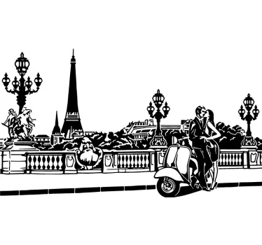 Sticker Paris paysage vintage couple sur moto - TenStickers