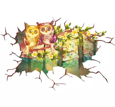 Sticker Mural Illustration Paysage hiboux trompe l'oeil - TenStickers