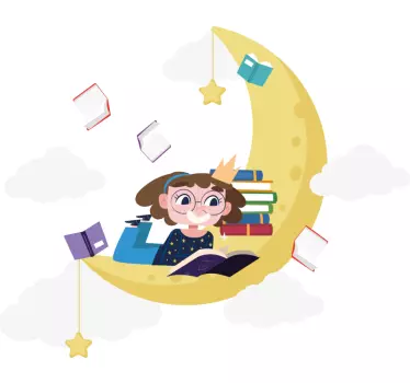 Sticker Illustration Il était une fois fille lisant sur la lune - TenStickers