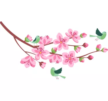 Sticker Mural Fleur Arbre de printemps avec des oiseaux verts - TenStickers