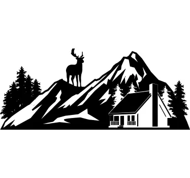 Stickers Art Déco Cerf sur des montagnes avec une cabane - TenStickers